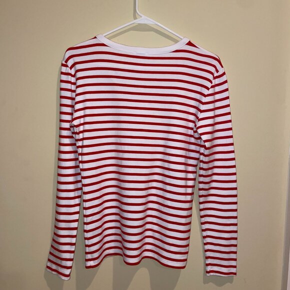 J.CREW Women's Oska Stripe White and Red with 3 Gold Button-shoulder Tee Size M - Picture 4 of 11